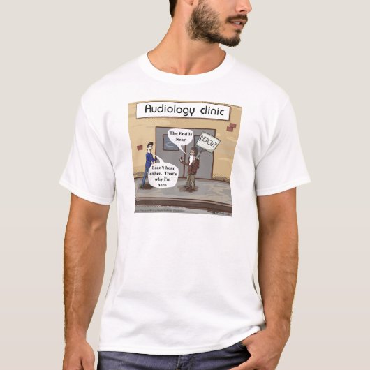 聴覚検査のオフィスで悔い改めろ 面白い Tシャツ (正面)