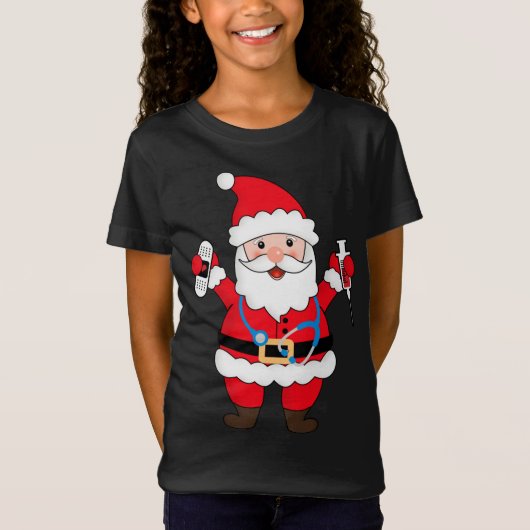 聴診器とSのクリスマスサンタクロースナース Tシャツ (正面)