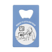 聴診器の漫画を持つ医師。 クレジットカード栓抜き (正面)