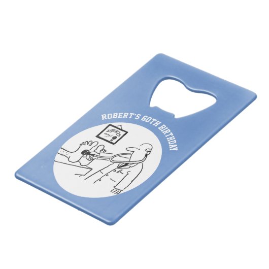 聴診器の漫画を持つ医師。 クレジットカード栓抜き (正面アングル)