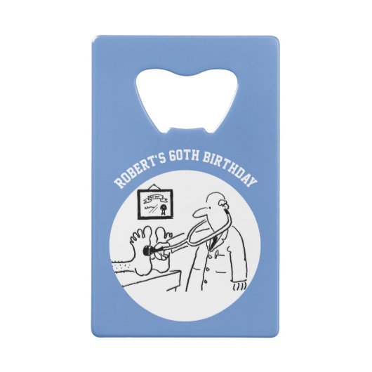 聴診器の漫画を持つ医師。 クレジットカード栓抜き (裏面)