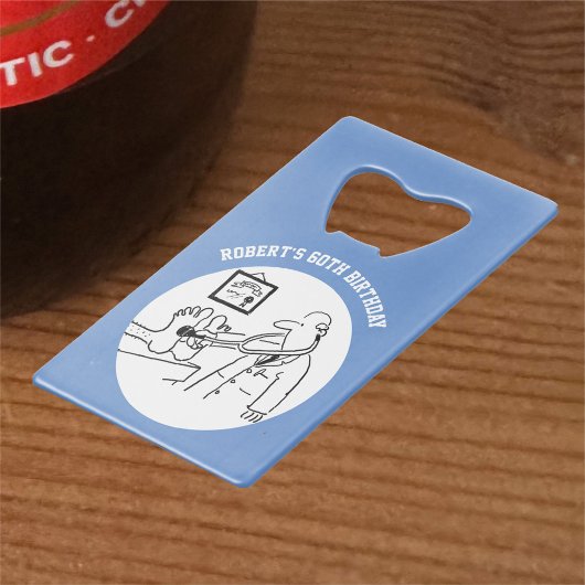 聴診器の漫画を持つ医師。 クレジットカード栓抜き