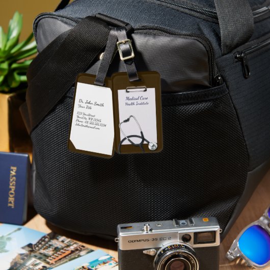 聴診器付き茶色の医用クリップボード ラゲッジタグ (正面&裏面)