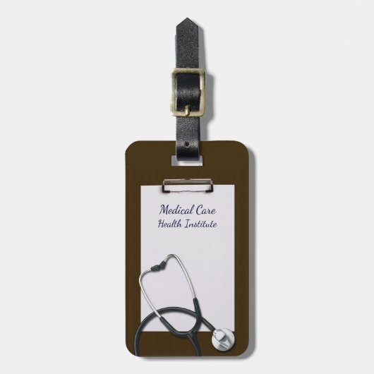 聴診器付き茶色の医用クリップボード ラゲッジタグ (正面縦)