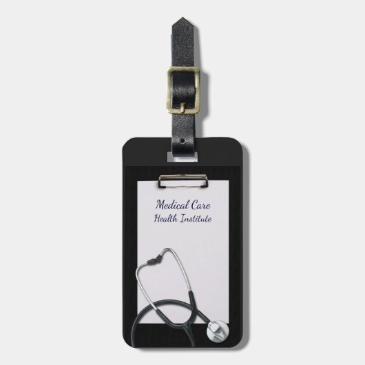 聴診器付き黒い医療用クリップボード ラゲッジタグ (正面縦)