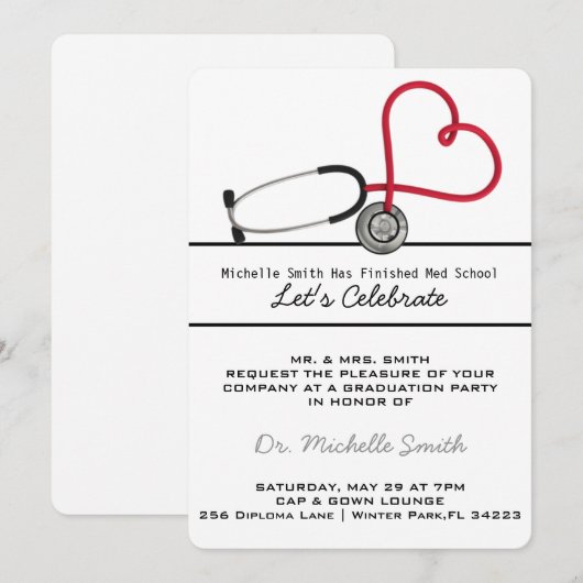 聴診器医師卒業発表 招待状 (正面/裏面)