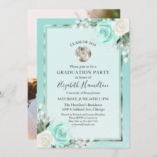 聴診器医療看護グラッドパーティー写真ティール(緑がかった色) 招待状 (正面/裏面)