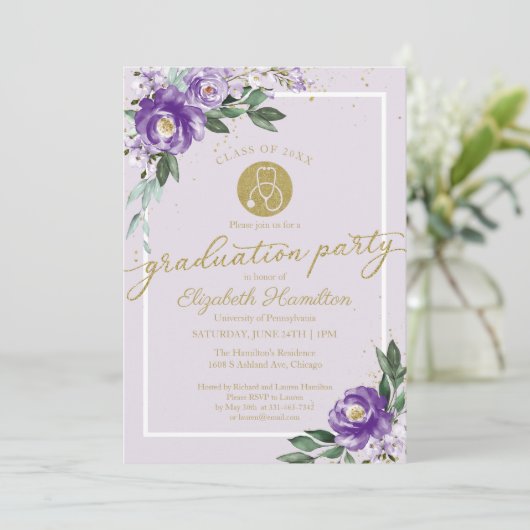 聴診器看護学校グラッドパーティーパープル 招待状 (スタンド正面)