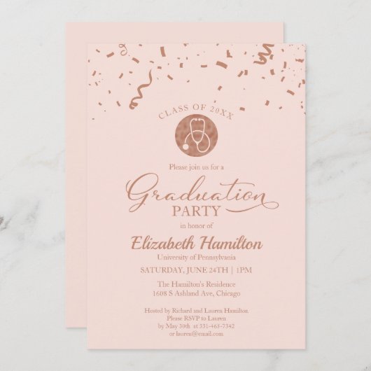 聴診器看護学校卒園パーティーバラ金ゴールド 招待状 (正面/裏面)