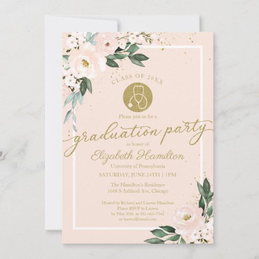 聴診器看護学校卒業パーティーピンクフローラ 招待状 (正面)