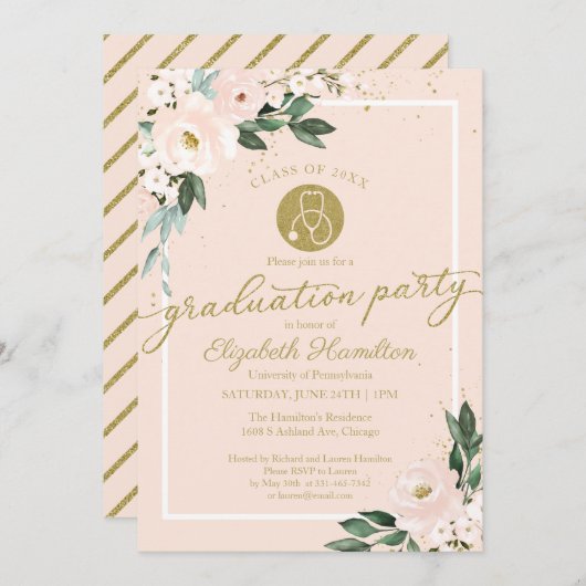 聴診器看護学校卒業パーティーピンクフローラ 招待状 (正面/裏面)