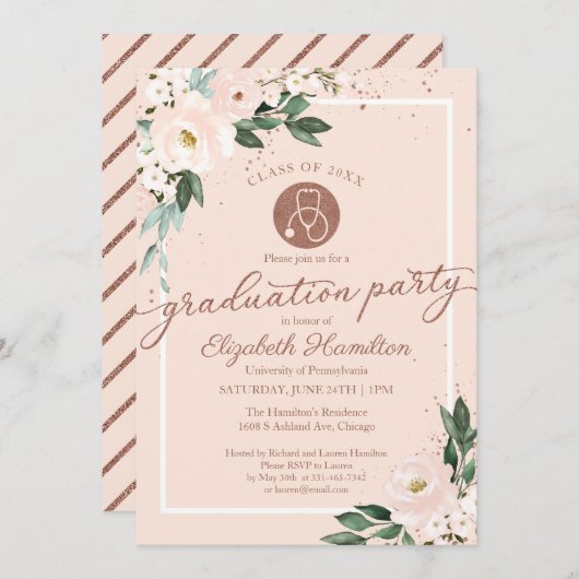 聴診器看護学校卒業パーティーピンクフローラ 招待状 (正面/裏面)