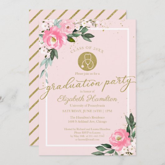 聴診器看護学校卒業パーティーピンクフローラ 招待状 (正面/裏面)