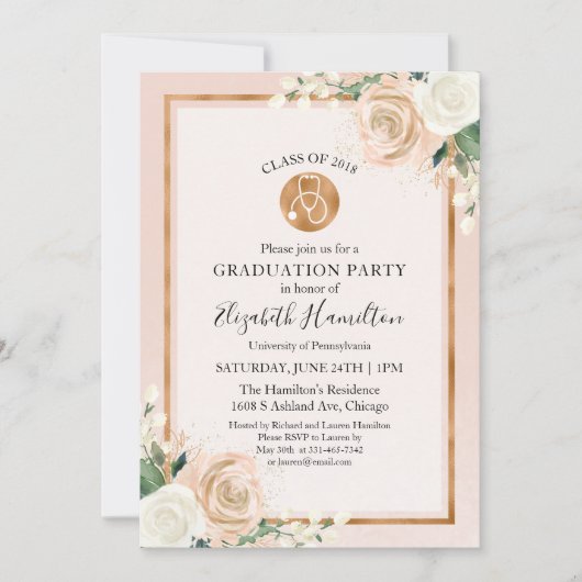 聴診器看護学校卒業パーティー写真フローラ 招待状 (正面)