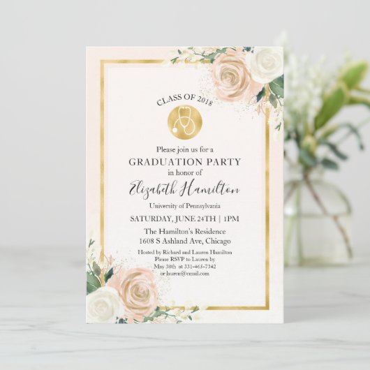 聴診器看護学校卒業パーティー写真フローラ 招待状 (スタンド正面)