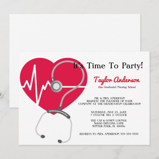 聴診器看護学校卒業発表 招待状 (正面/裏面)