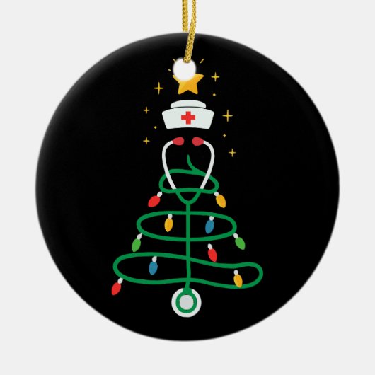 聴診器 クリスマスツリーライト 看護師 女性 セラミックオーナメント (正面)