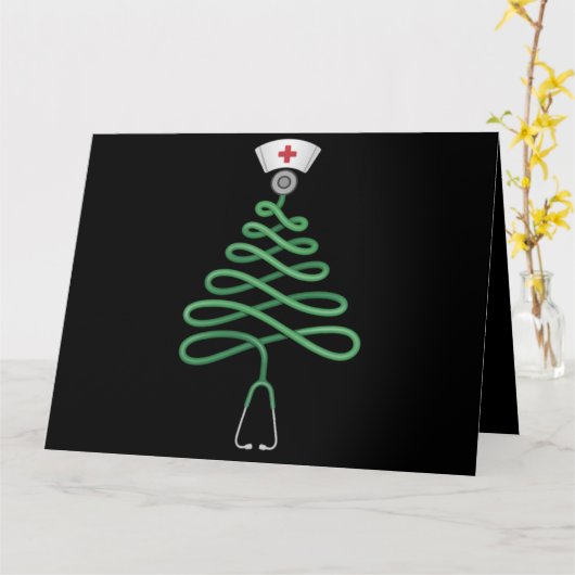 聴診器 クリスマスツリー 看護師 スクラブ クリスマス カード (黄色い花)