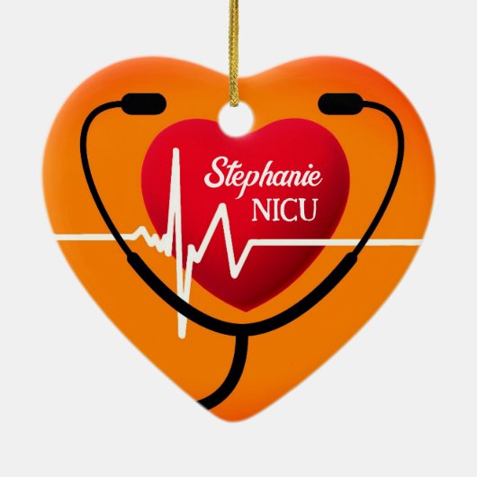 聴診器、ハート、心電図ナース セラミックオーナメント (裏面)