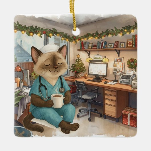 職場のクリスマスと看護師 セラミックオーナメント (正面)