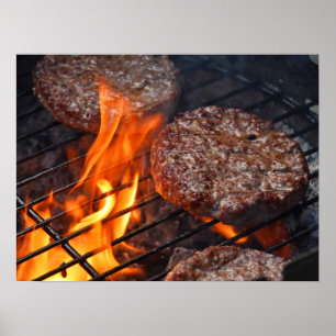 肉バーベキューのハンバーガーが付いているポスターおよび火は燃え立ちます ポスター