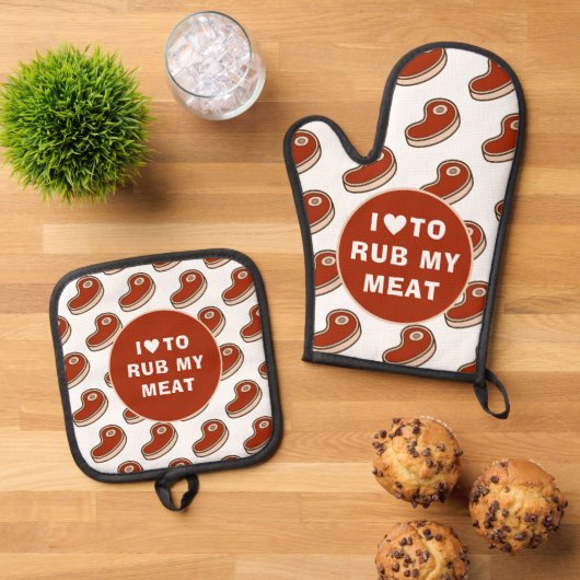 肉モダンを擦るのが大好き白文字 鍋つかみ&鍋敷きセット (トップダウン)