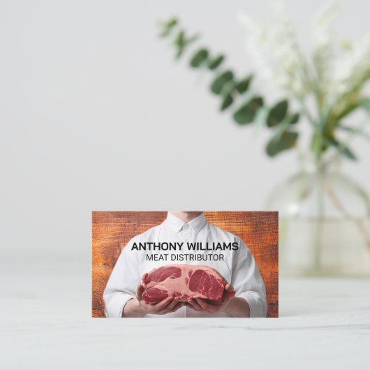 肉切りを保持する肉切り | 木製切削ボード 名刺 (スタンド正面)
