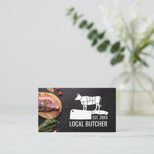 肉切りチャート | 木のステーキ 名刺 (スタンド正面)