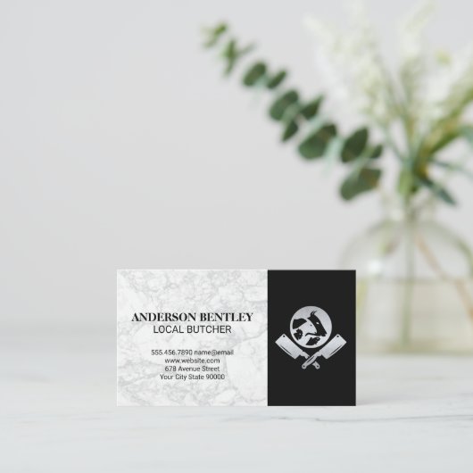 肉切り包丁 | 白大理石の背景 名刺 (スタンド正面)