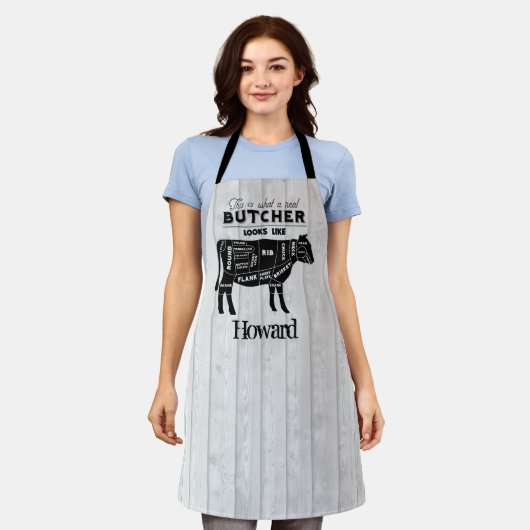 肉屋が実在木の効果に素朴見えるもの エプロン (着用した状態)