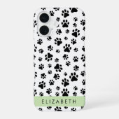 肉球の模様、犬の足、モノクロ、あなたの名前 iPhone 16ケース (裏面)