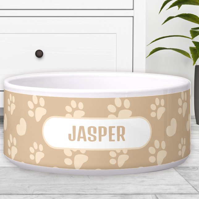 肉球ハート柄ベージュ名前ペット犬 ボウル (Paw Prints Heart Pattern Beige Name Pet Dog Bowl)