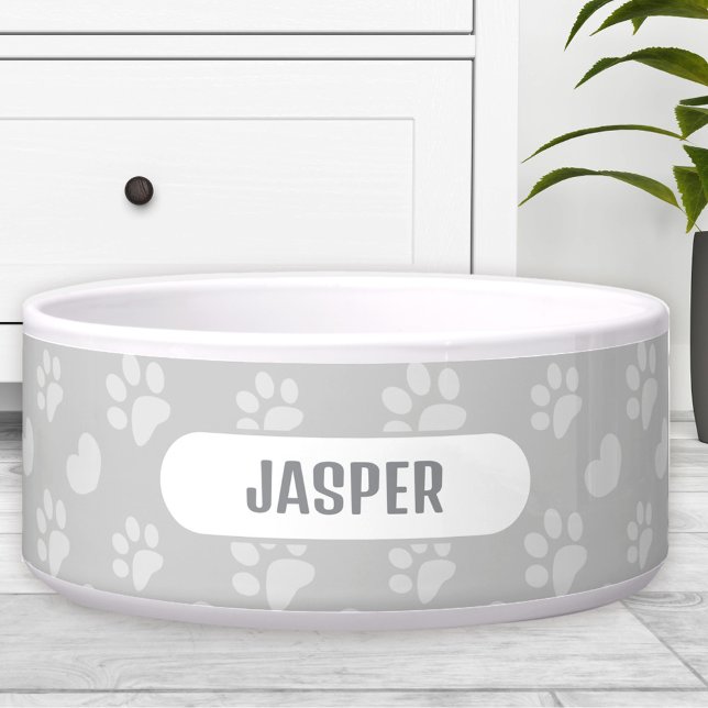 肉球ハート柄 グレー 名前入り ペット 犬 ボウル (Paw Prints Heart Pattern Grey Name Pet Dog Bowl)