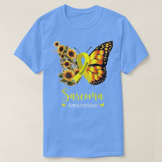 肉腫がん認識度ヒマワリ蝶の女性 Tシャツ (デザイン正面)