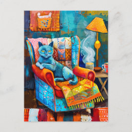 肘掛け椅子に居心地の良い猫 ポストカード