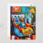 肘掛け椅子に居心地の良い猫 ポストカード (正面/裏面)