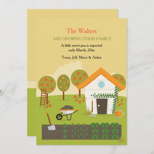 肥沃な庭の妊娠の発表 案内状 (正面/裏面)