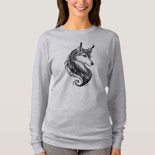 肩のワイシャツを離れた白黒の手描きのオオカミ Tシャツ (正面)