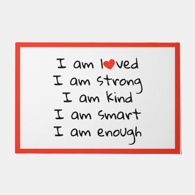 肯定ハートタイポグラフィレッドブラック ドアマット (正面)