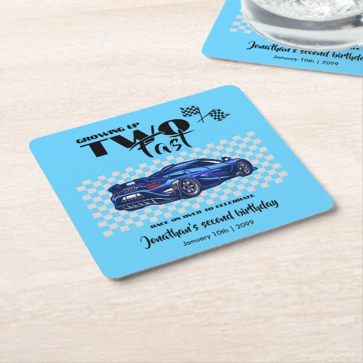育ち盛り2位の誕生日を迎えるブルースポーツカー スクエアペーパーコースター (アングル)