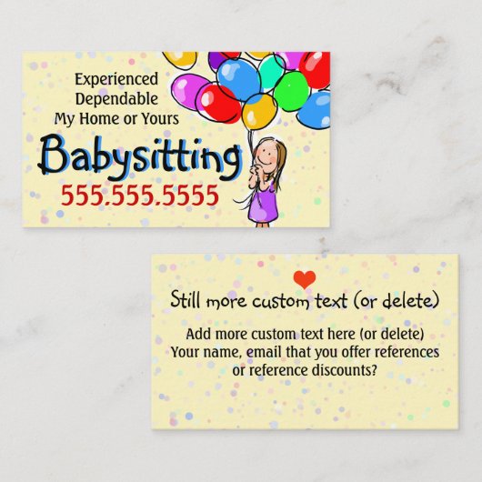 育児。 ベビーシッターをすること。 デイケアの広告宣伝カード 名刺 (正面/裏面)
