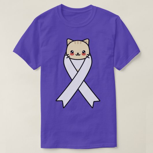 肺がん認識度かわいい猫白いリボンの贈り物 Tシャツ (デザイン正面)
