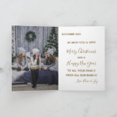 背の高いエレガント金ゴールドグリーンメリークリスマスツリー写真 シーズンカード (内部)