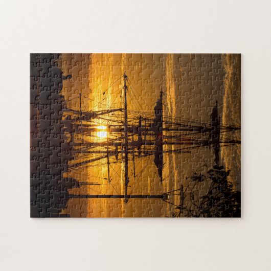 背の高いマスト船と美しいサンディエゴの夕日 ジグソーパズル (横)