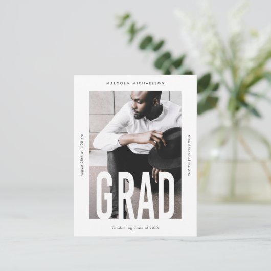 背の高いモダン写真卒業発表 案内ポストカード (スタンド正面)