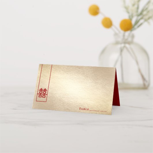 背の高い四角形ダブル幸せ金ゴールドアジ結婚アン プレイスカード (正面)