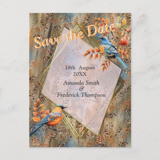 背の高い木、紅葉、ブルーバード。 案内ポストカード (正面)