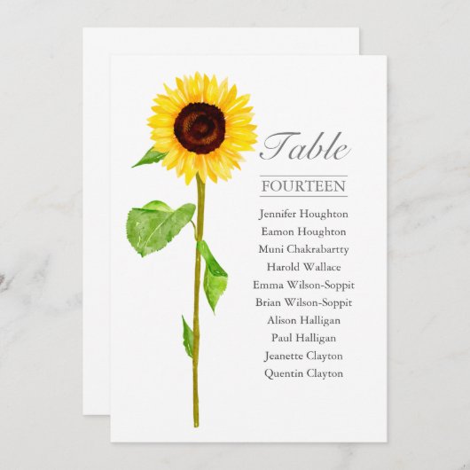 背の高い独身のひまわり結婚のテーブル座席表 招待状 (正面/裏面)