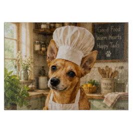 背の高い白い帽子をかぶったグルメシェフ犬 カッティングボード
