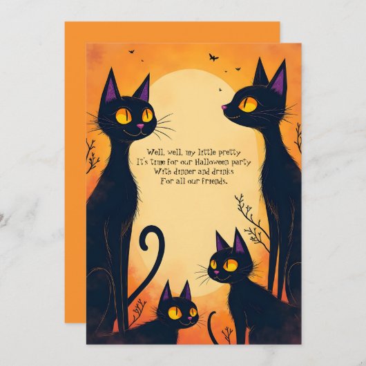 背の高い黒猫のハロウィンパーティー 招待状 (正面/裏面)